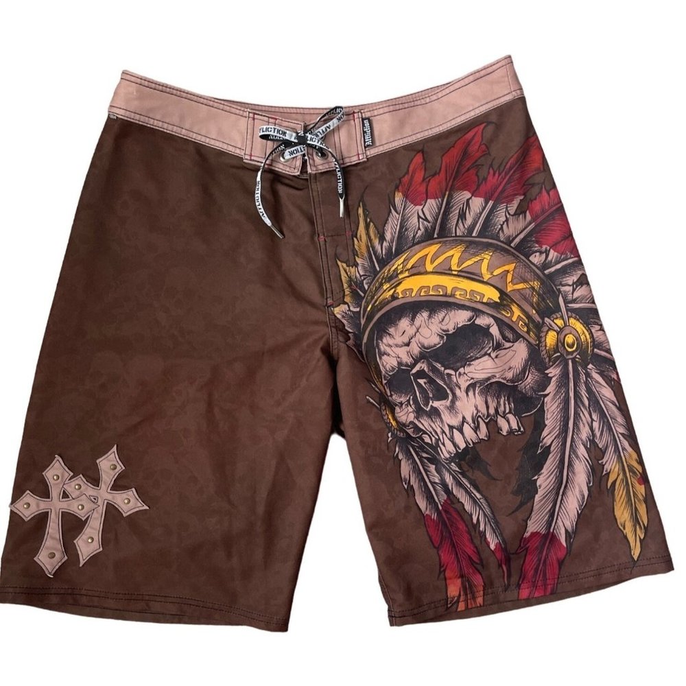 Men’s AFFLICTION Board Shorts/Swim Trunks w/Native American Skull Print Size 36